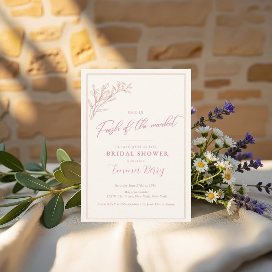 Blush pink Shes Fresh Off the Market Bridal Shower Invitation