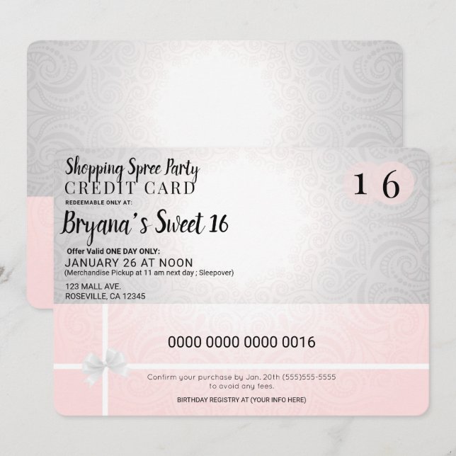 Blush Pink Shopping Spree Credit Sweet 16 Party Invitation (Front/Back)