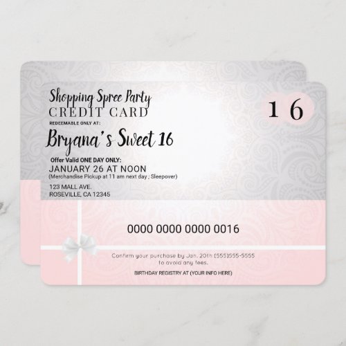 Blush Pink Shopping Spree Credit Sweet 16 Party Invitation