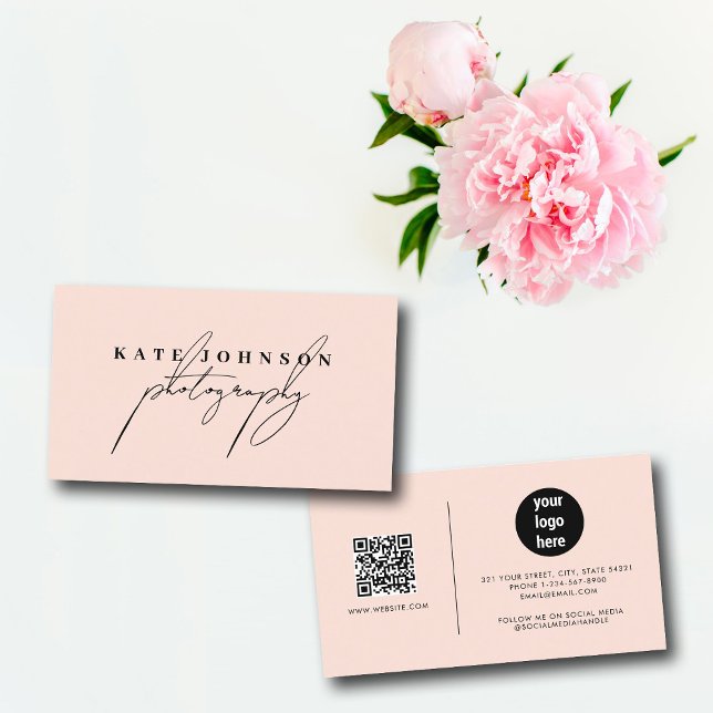 Blush Pink Signature Script QR Code Social Media  Business Card (Blush Pink Signature Script QR Code Social Media Business Card)