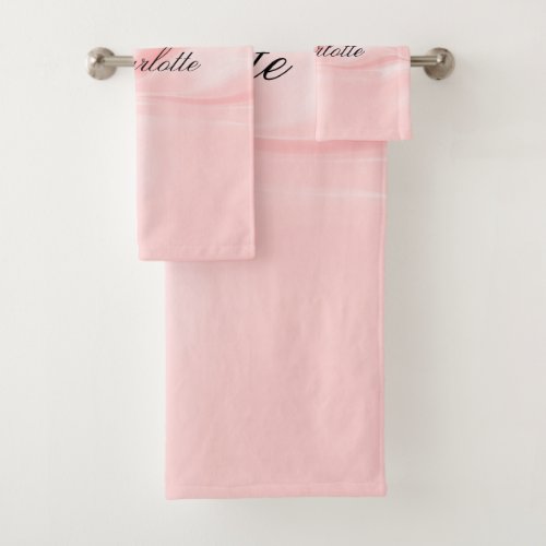 Blush pink silk satin name script bath towel set
