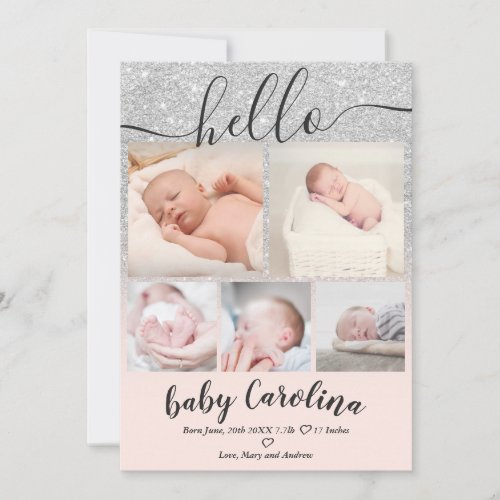 blush pink silver 5 grid photo baby girl birth announcement