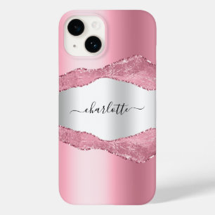 Blush pink silver agate marble name Case-Mate iPhone 14 case