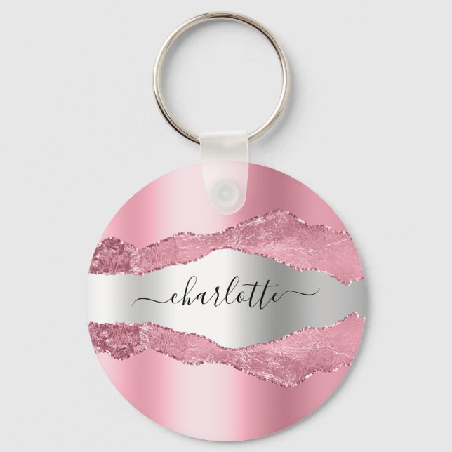 Blush pink silver agate marble name keychain (Front)