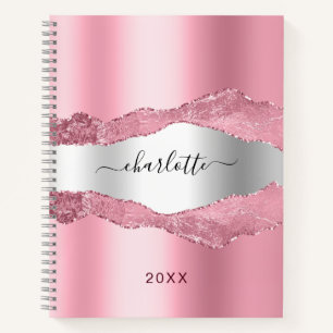 Blush pink silver agate marble name  notebook