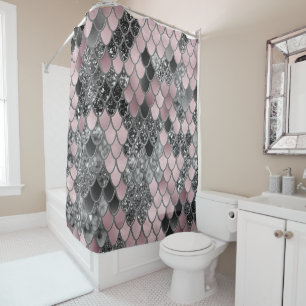 Blush Pink Silver Black Mermaid Scales Glam #1 Shower Curtain