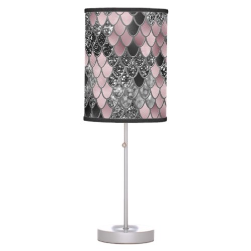 Blush Pink Silver Black Mermaid Scales Glam 1  Table Lamp
