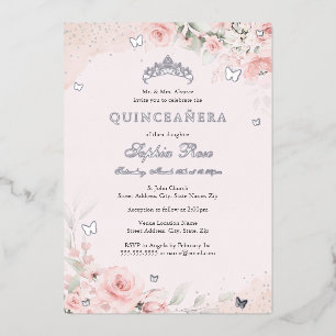 Blush Pink Silver Butterfly Rose Quinceanera 15th Foil Invitation