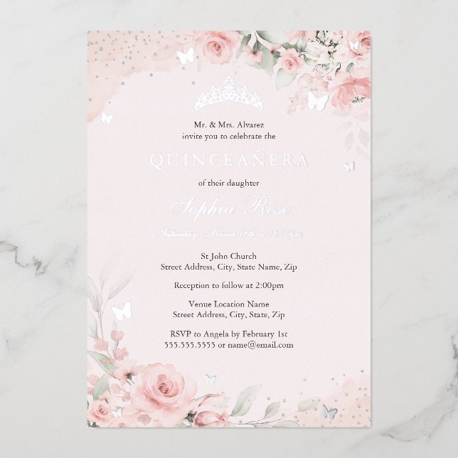 Blush Pink Silver Butterfly Rose Quinceanera 15th Foil Invitation (Front)