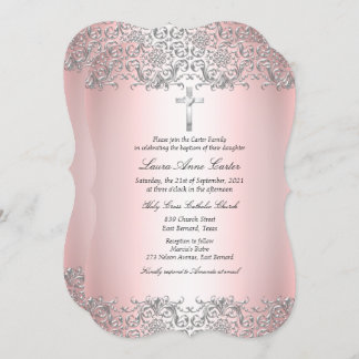 Blush Pink Silver Damask Cross Baptism Christening Invitation
