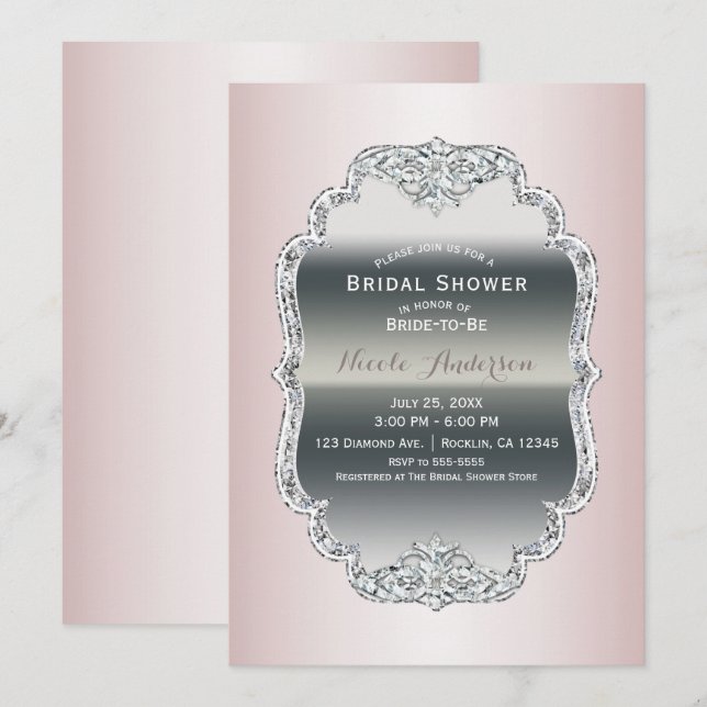 Blush Pink & Silver Diamond Bling Vintage Glamour Invitation (Front/Back)