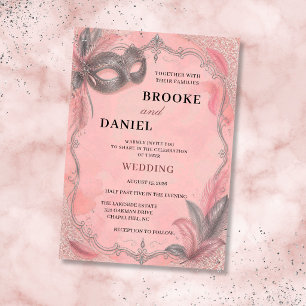 Blush Pink & Silver Feather Masquerade Wedding Invitation