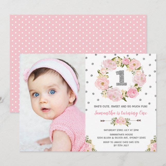 Blush Pink Silver Floral First 1st Birthday Invite (Front/Back)