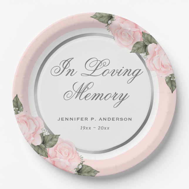 Blush Pink Silver Floral Memorial Funeral Paper Plates (Front)