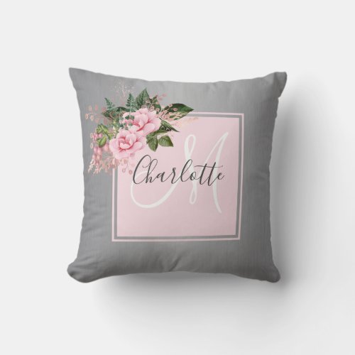 Blush pink silver floral monogram throw pillow