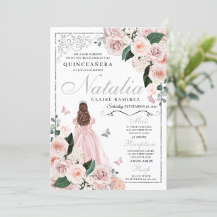 Blush Pink Silver Floral Princess Quinceanera Invitation