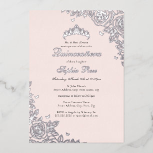 Blush Pink Silver Floral Quinceanera Birthday Foil Invitation