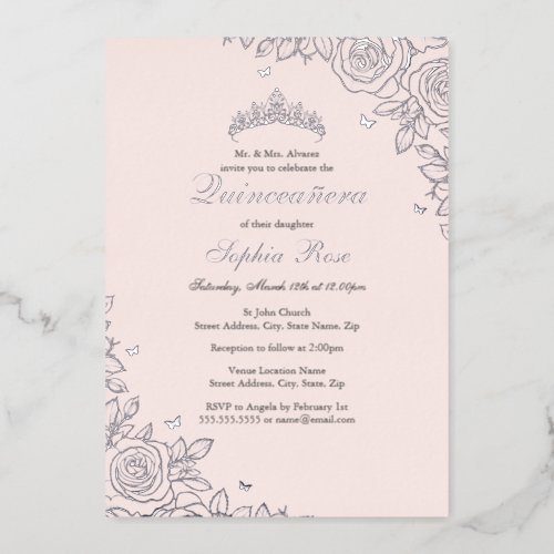 Blush Pink Silver Floral Quinceanera Birthday  Foil Invitation