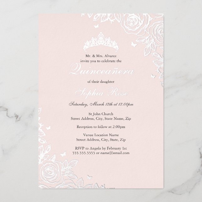 Blush Pink Silver Floral Quinceanera Birthday  Foil Invitation (Front)