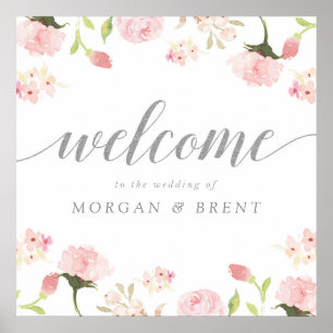 Blush Pink & Silver Floral Wedding Welcome Sign