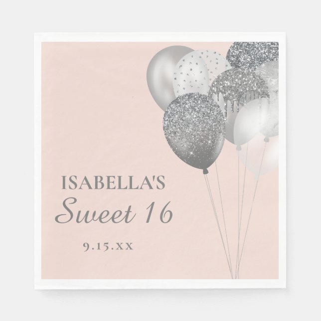Blush Pink Silver Glitter Balloons Sweet 16  Napkins (Front)