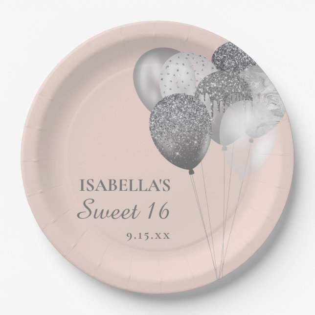 Blush Pink Silver Glitter Balloons Sweet 16  Paper Plates (Front)