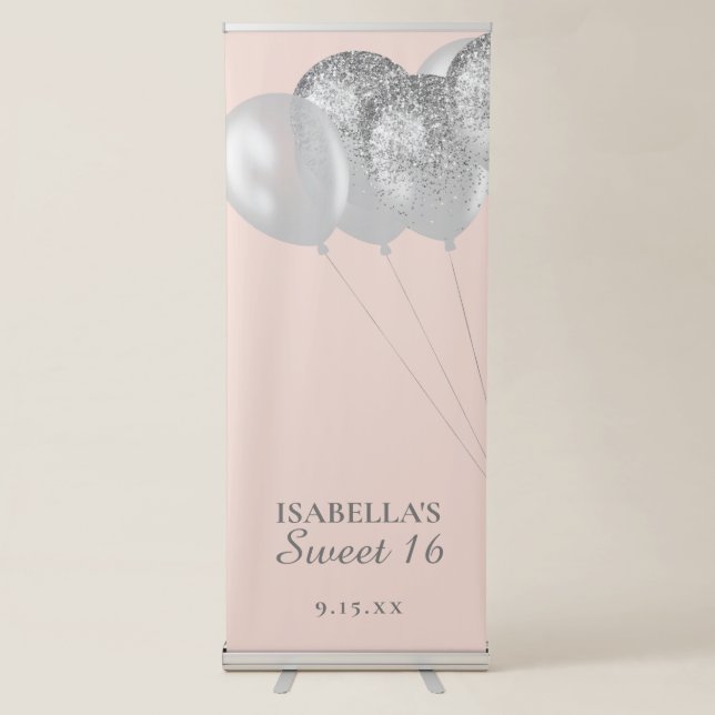 Blush Pink Silver Glitter Balloons Sweet 16  Retractable Banner (Front)