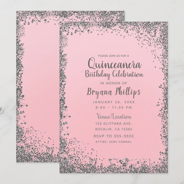 Blush Pink & Silver Glitter Crown Quinceañera 15 Invitation (Front/Back)