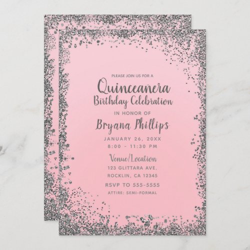 Blush Pink  Silver Glitter Crown Quinceaera 15 Invitation