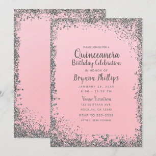 Blush Pink & Silver Glitter Crown Quinceañera 15 Invitation