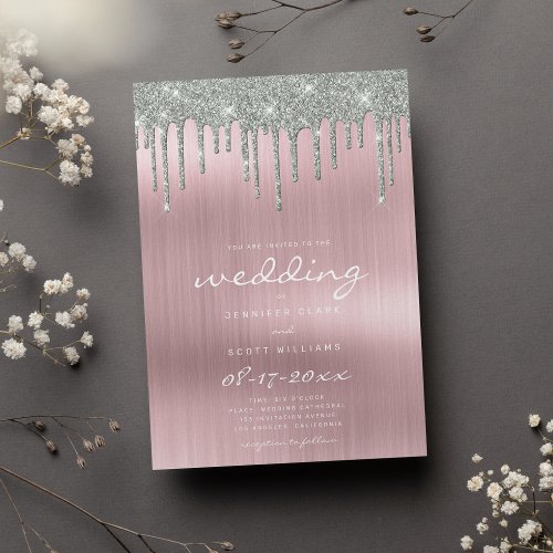 Blush pink silver glitter drips script wedding invitation