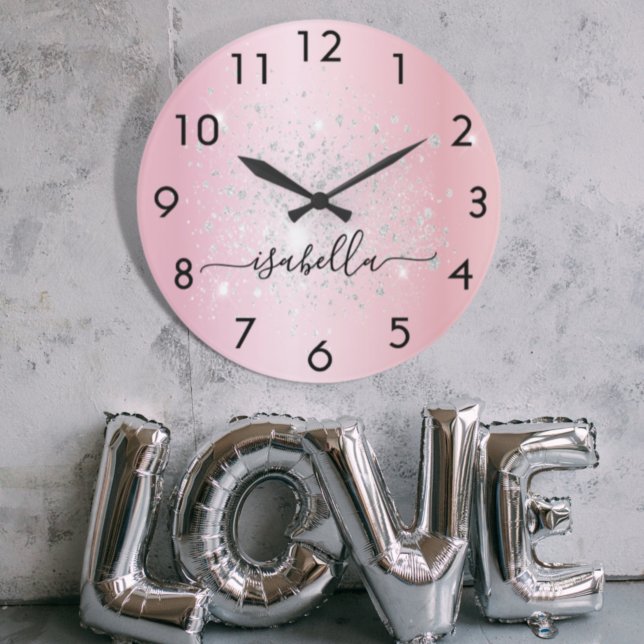 Blush pink silver glitter dust metal name script large clock (Creator Uploaded)