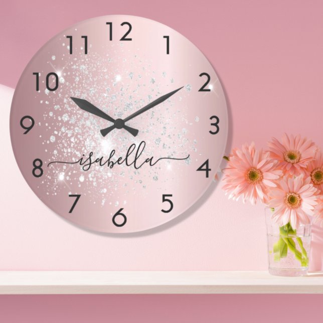 Blush pink silver glitter dust metal name script large clock (Creator Uploaded)