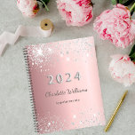 Blush pink silver glitter dust monogram 2024 planner<br><div class="desc">A blush pink faux metallic looking background decorated with faux silver glitter dust. Personalize and add a name. The name is written in gray with a modern hand lettered style script. Perfect for school,  work or organizing your personal/family life.</div>