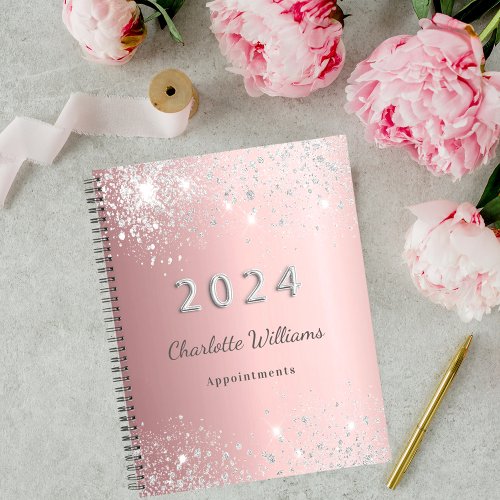 Blush pink silver glitter dust monogram 2024 planner