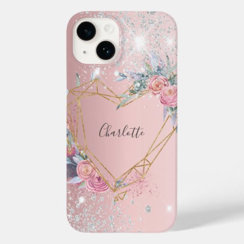 Blush pink silver glitter floral monogram name Case_Mate iPhone 14 case