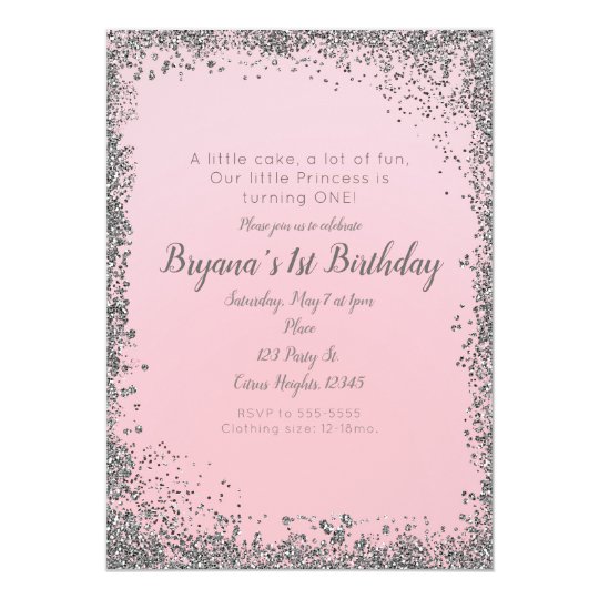 blush pink silver glitter glam 1st birthday party invitation