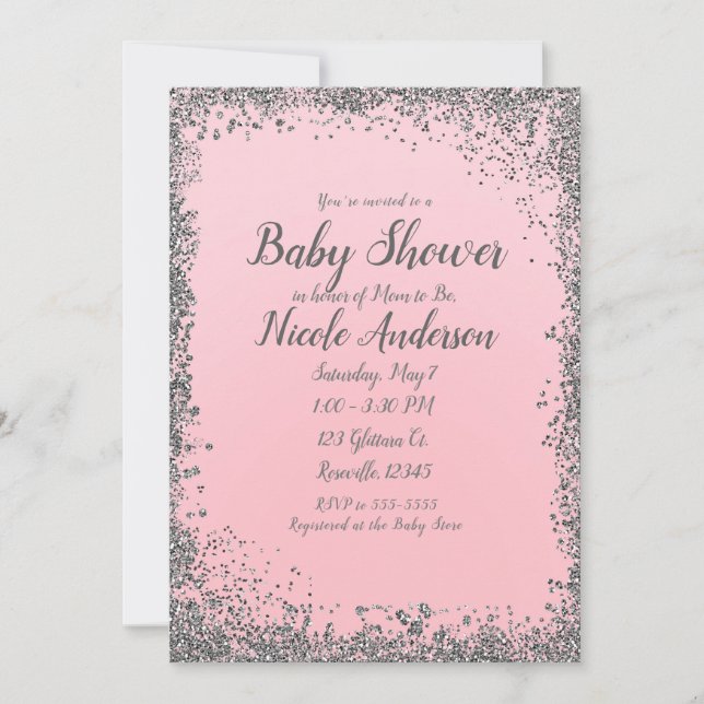 Blush Pink Silver Glitter Glam Modern Baby Shower Invitation (Front)