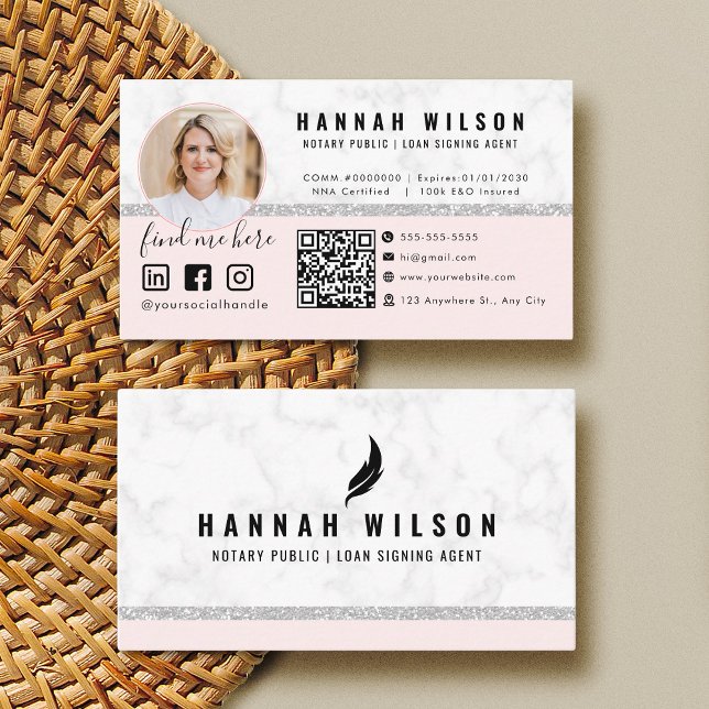 Blush Pink Silver Glitter Marble Mobile Notary Business Card (Creator Uploaded)