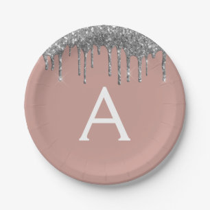 Blush Pink Silver Glitter Monogram Birthday Paper Plates