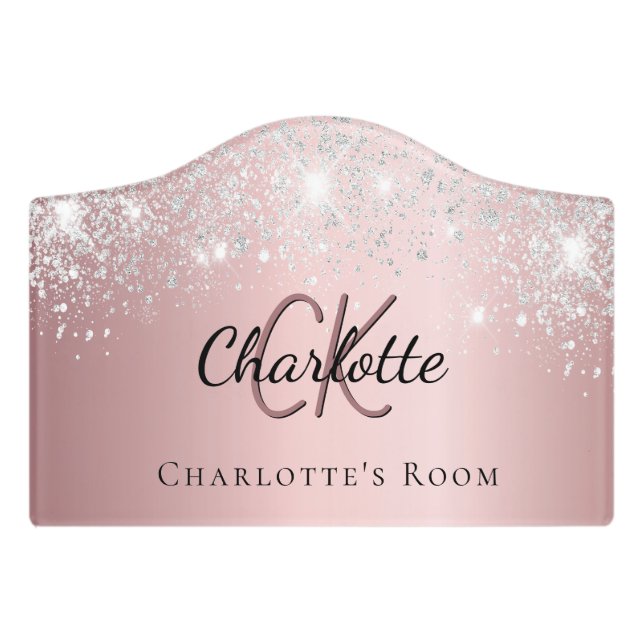 Blush pink silver glitter monogram name door sign (Small Crest Front)
