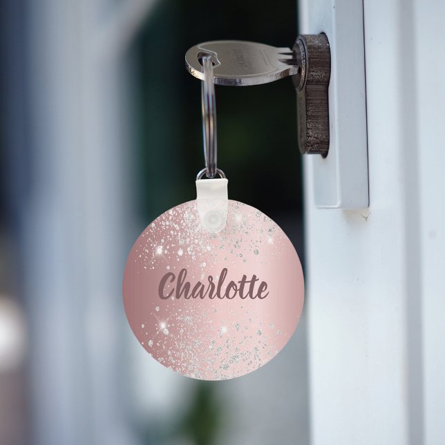 Blush pink silver glitter monogram name keychain (Creator Uploaded)