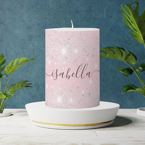 Blush pink silver glitter name script pillar candle