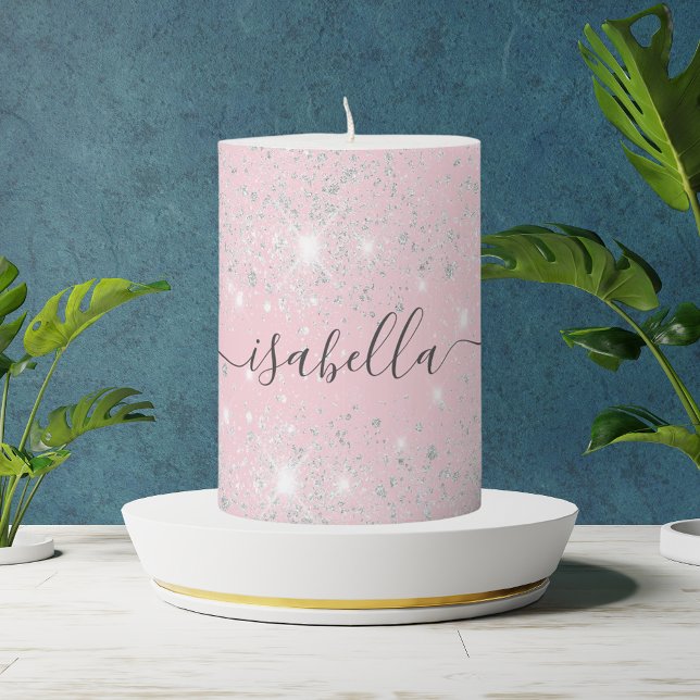 Blush pink silver glitter name script pillar candle (Creator Uploaded)