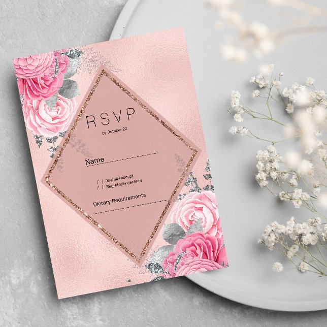 Blush pink silver glitter peony floral RSVP  Invitation (Blush pink silver glitter peony floral RSVP )