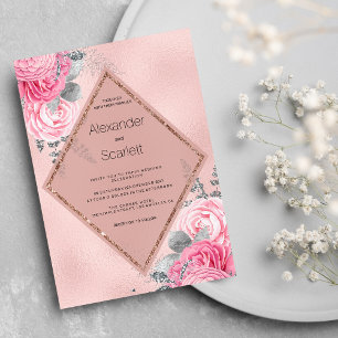 Blush pink silver glitter peony floral Wedding  Invitation
