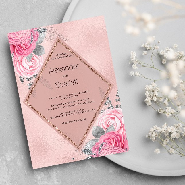 Blush pink silver glitter peony floral Wedding  Invitation (Blush pink silver glitter peony floral Wedding)