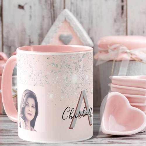 Blush pink silver glitter photo monogram  mug