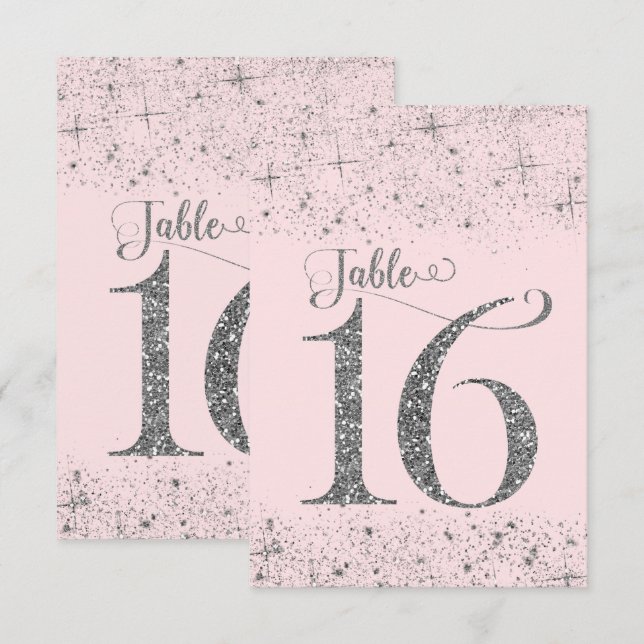 Blush Pink Silver Glitter Table Numbers Number 16 (Front/Back)