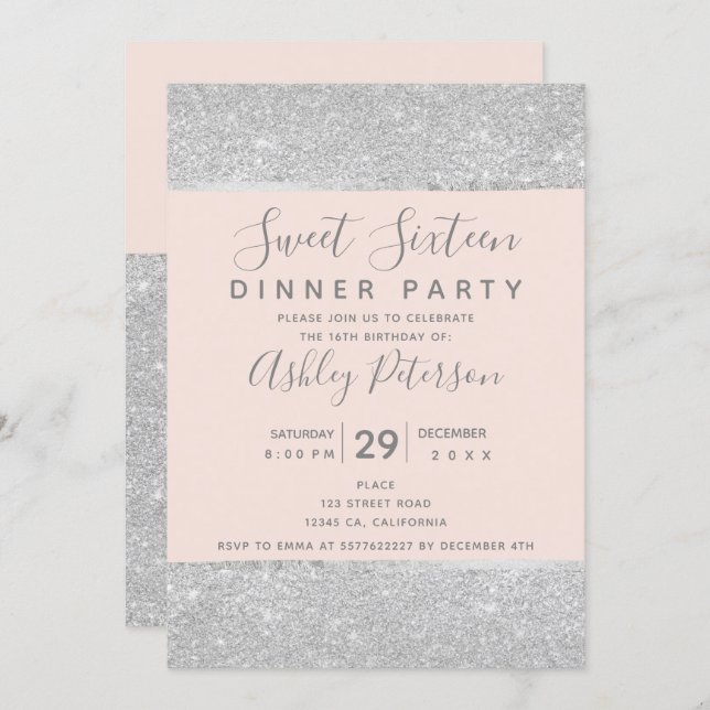 Blush pink silver glitter typography Sweet Sixteen Invitation (Front/Back)